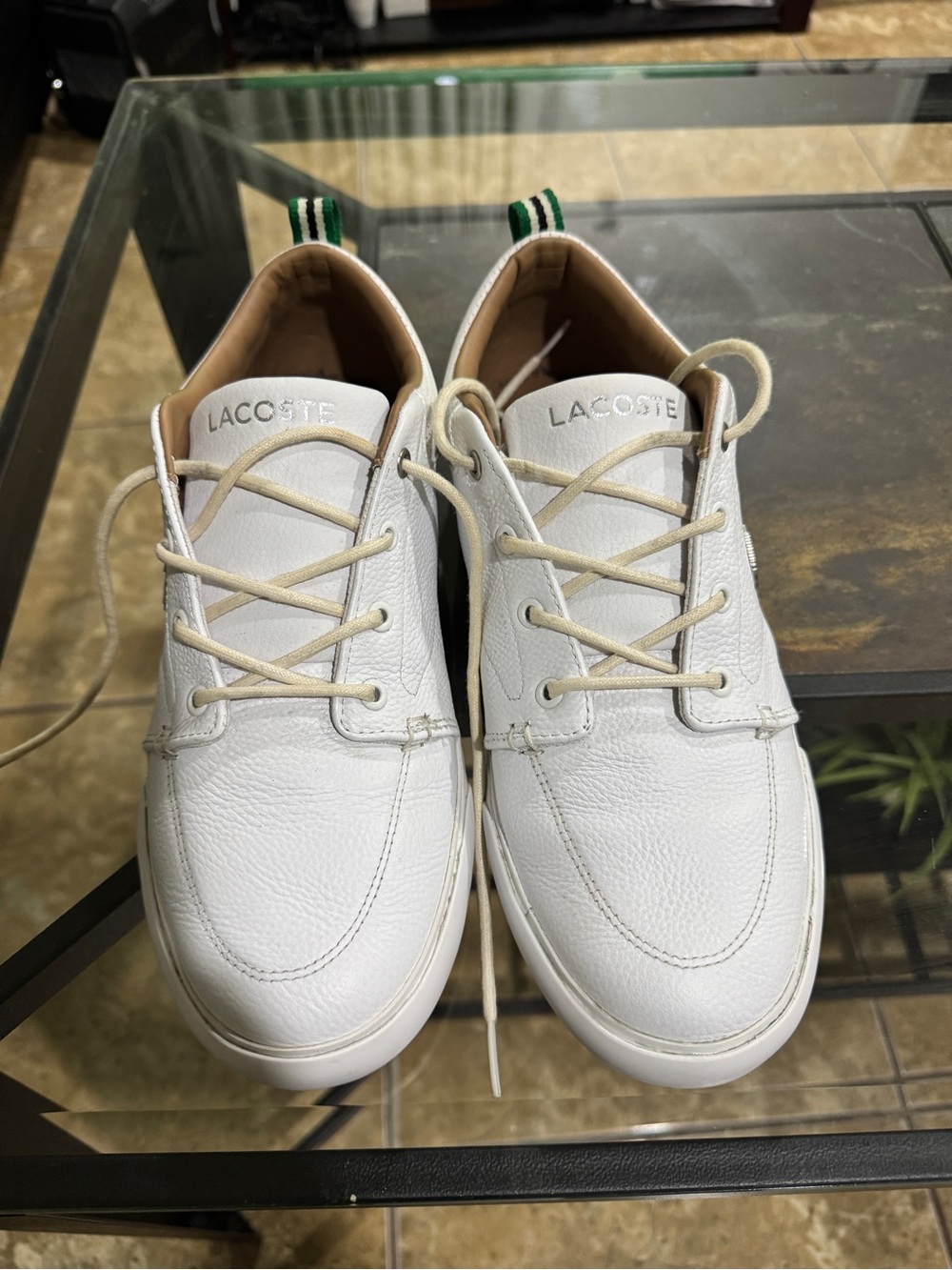 Lacoste White Leather Boat Shoes with Green Heel Tab
